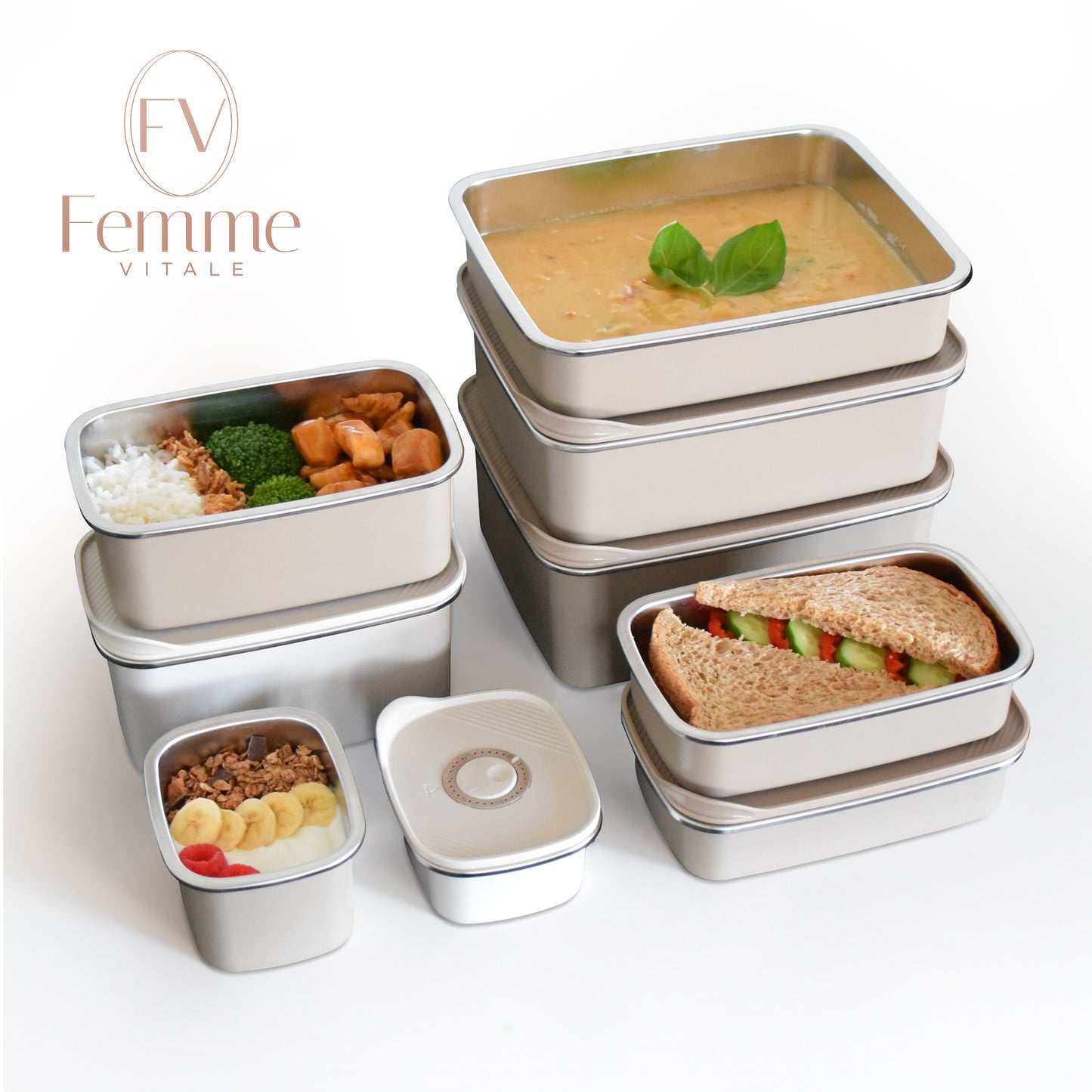 Femme Vitale Meal Prep Bakjes - Lekvrij, Luchtdicht & BPA vrij - Vershoudbakjes 4 Stuks - 300 ml, 500 ml, 700 ml, 1100 ml - Creamy White