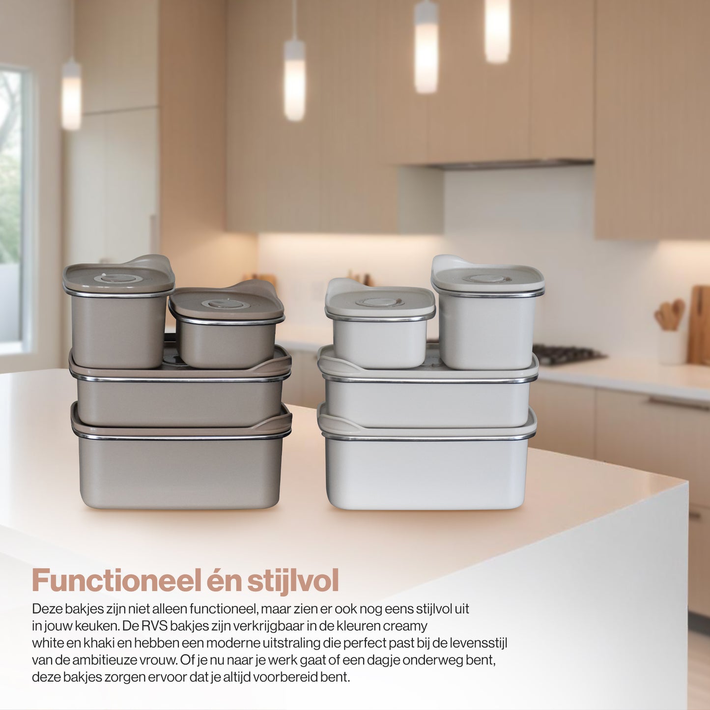 RVS Mealprep set - 300 ml, 500 ml, 700 ml, 1100 ml - Khaki