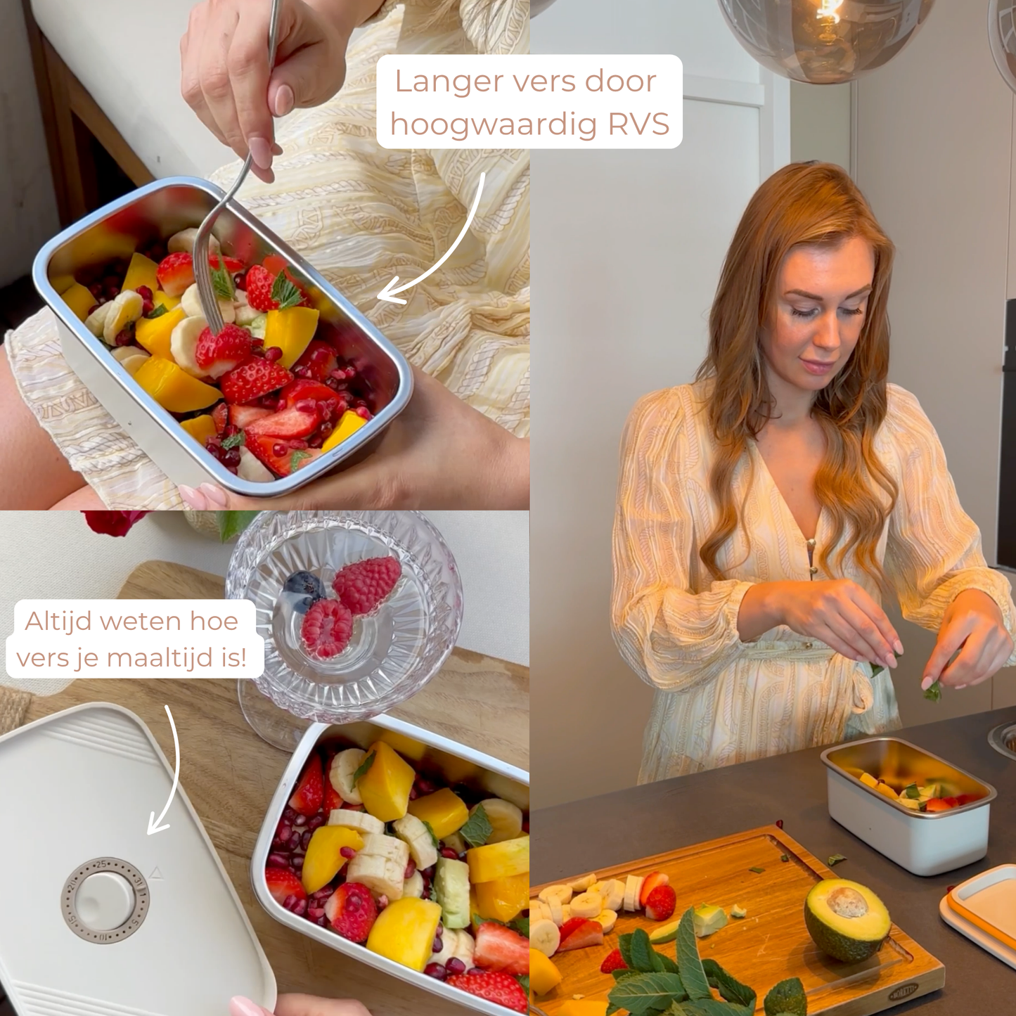 RVS mealprep bakjes 700 ml - Crème wit - 3 stuks