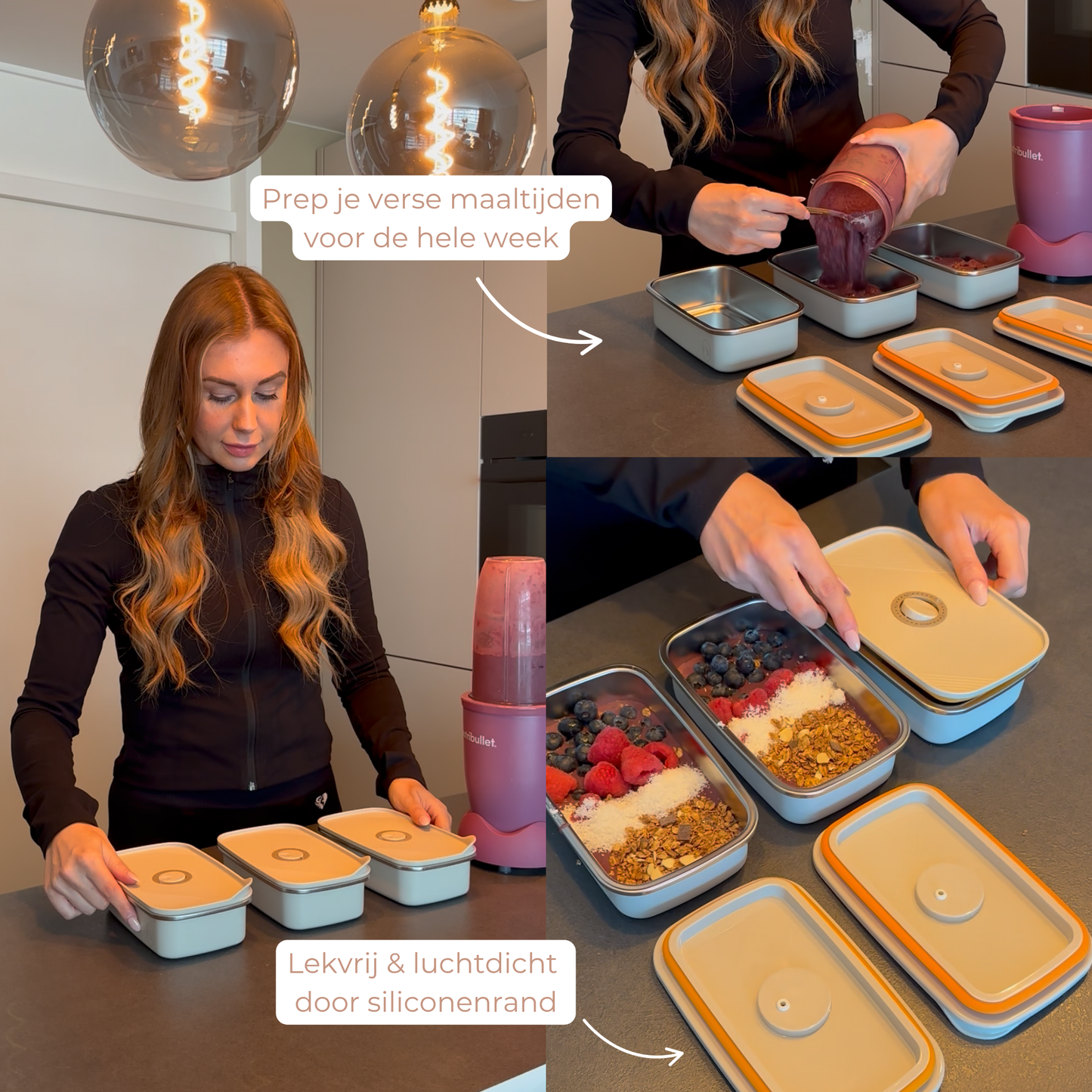 RVS mealprep bakjes 700 ml - Crème wit - 3 stuks