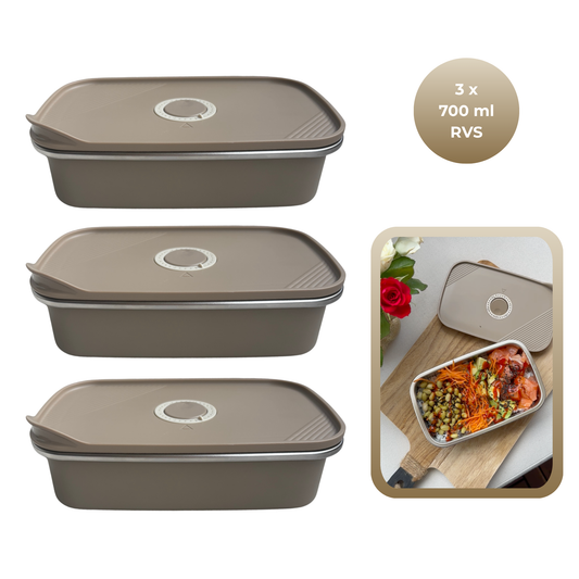 RVS mealprep bakjes 700 ml - Taupe - 3 stuks