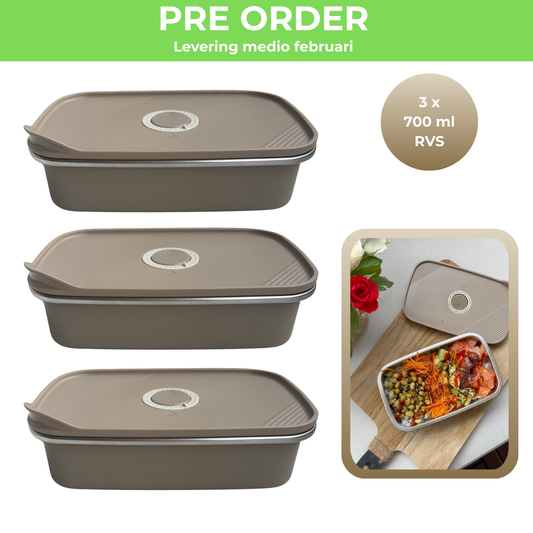 PRE ORDER - RVS mealprep bakjes 700 ml - Taupe - 3 stuks