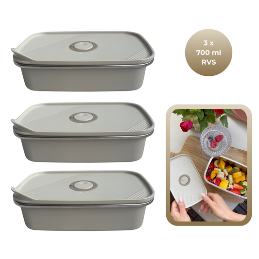 RVS mealprep bakjes 700 ml - Crème wit - 3 stuks