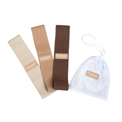 Set van drie weerstandsbanden in drie kleuren, met opbergzakje. Om benen en billen te trainen.